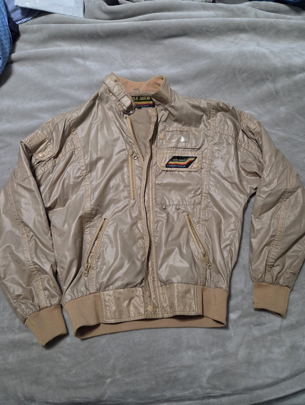 Vintage Style Auto/carerra Design Men's Beige Bomber Jacket. MADE IN KOREA